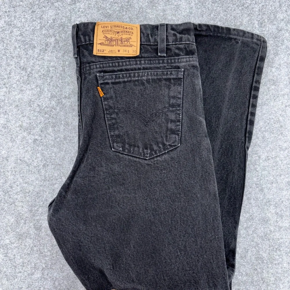 Vintage Levis 512 Orange Tab Jeans Mens 34x30 Made USA Slim Tapered Black Denim